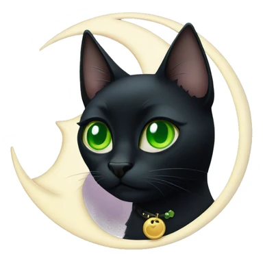 Black cat with green eyes wearing a moon charm on his collar sticker