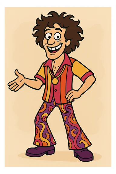 Shimmy Jimmy character, movie Blended, big smile, wild curly hair, vibrant outfit, cartoon style sticker