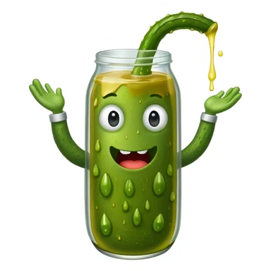 a cartoon pickle with juice squirting from the top of it, being squeezed by a hand sticker