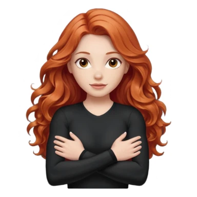 Athletic girl with long light red wavy hair and smaller boobs bigger arms not too big. middle part and black shirt sticker