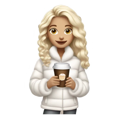 blonde girl wearing white fluffy jacket and a coffee to go in hand all dress white and a white bow on hair sticker