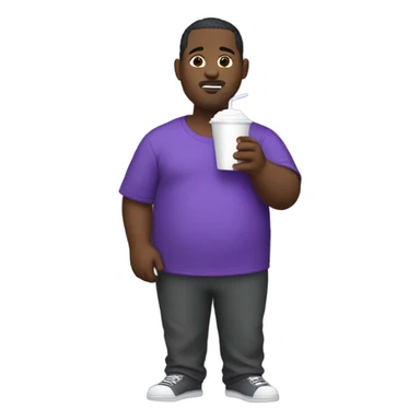 Obese black man wearing a purple jumpsuit suit while holding a white styrofoam cup with grape soda sticker