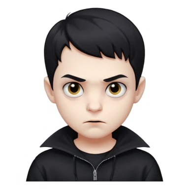 Vampire boy with the short black hair, pale-white skin, black eyes, little fangs and dark circles under his eyes. He has serious face and he wear a black oversize sweatshot sticker