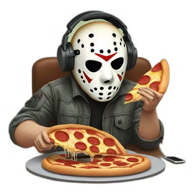 Jason voorhees recording a podcast with a mic and headphones and holding a slice of pizza in his hand sticker