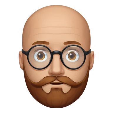 emoji 32-year-old white man, bald with a chestnut beard and mustache, small head with round black glasses. sticker
