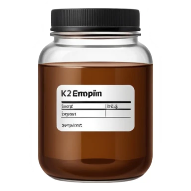 brown glass jar of supplements with white label, black thin title K2  sticker