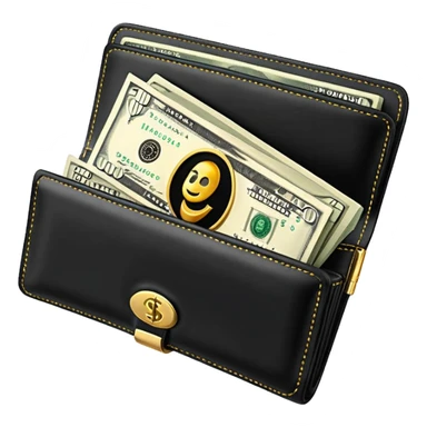 Rich emoji style black leather wallet with dollar bills, luxury money vibe, premium 3D emoji, ultra clean, high detail, no background
 sticker
