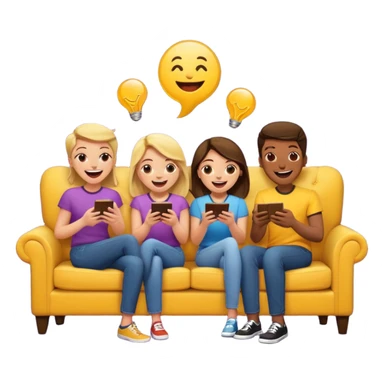 group of friends on couch playing a trivia game couch should be deep dark yellow color sticker