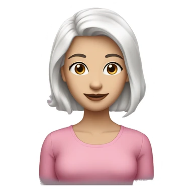 A woman in a standing position, her appearance can be described by the following characteristics: black shoulder-length hair, fair skin, blue eyes, a thin graceful nose, a beautiful smile and pink gloss on her lips. She is dressed in sticker