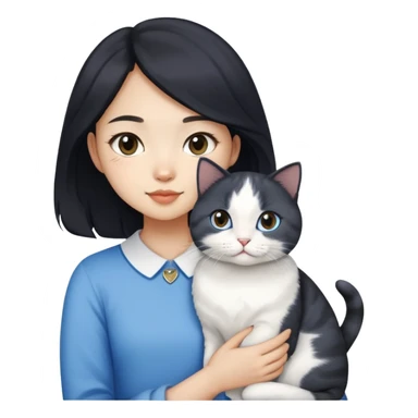 Asian girl, light skin, black slightly curly medium-long hair, holding a British short-haired blue and white cat sticker