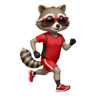 friendly anthropomorphised raccoon in sports wear, wearing dark sunglasses, jogging upright in standard pose sticker