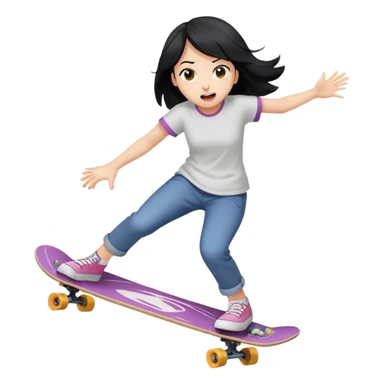 girl with black hair crashing off a skateboard, surprised expression, action lines, playful emoji look sticker