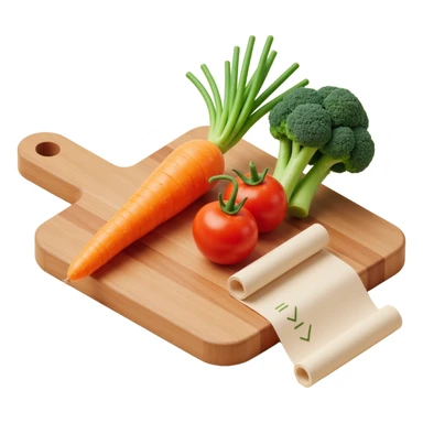 carrot tomato brocoli on the wooden cutting board with floating rolled paper list with checkbox sticker