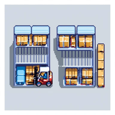 Single story warehouse in isometric perspective with forklift and storage racks sticker