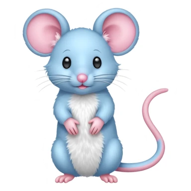 A small, light blue, fuzzy toy mouse with pink ears and a pink nose sticker