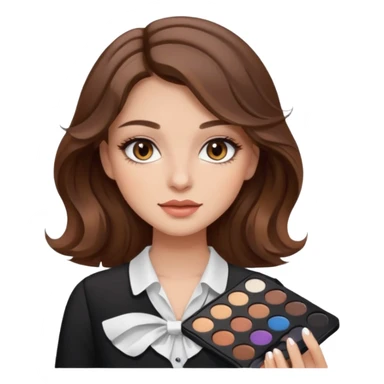 Una chica con ojos color café claro, cabello castaño ondulado maquillada, sosteniendo una paleta de sombras y la blusa que sea color blanca estilo moderno sticker