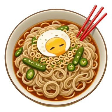 Wuhan hot dry noodles with sesame paste and pickles, simplified emoji style with bold outlines and bright colors, cartoon style Hubei breakfast Re Gan Mian sticker