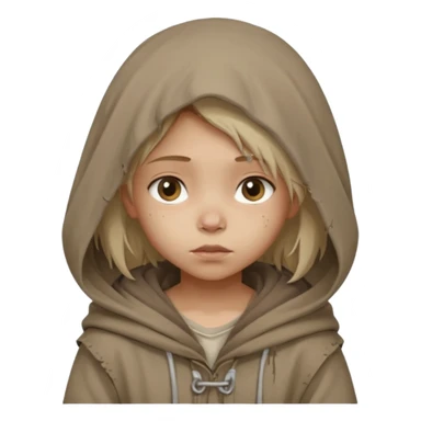 Young beggar little girl character, chest-up portrait, wearing worn and oversized clothes, hair is visible, neutral earth-tone fabric, slightly messy hair peeking from under a hood, tired but gentle eyes, subtle dirt marks on face, sticker