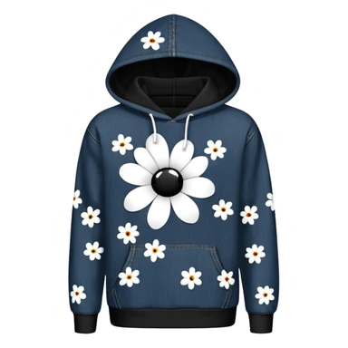 The BLACK Denim Tears Hoodie features a black base with distinctive white and black  open flower spots with empty space in the middle, These hollow ring-like patterns are scattered across. BLACK AND WHITE FLOWERS SPACED OUT FLOWERS, AND ONLY A FEW FLOWERS AND NO DOTS sticker