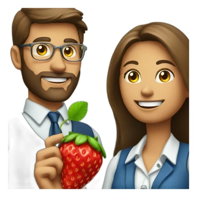 job applicant and a recruiter holding a strawberry sticker