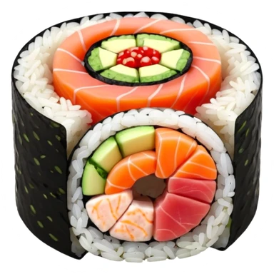 single round sushi maki cross-section, rice ring and colorful center sticker