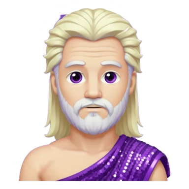 Zeus from Greek Gods with long platinum blonde hair and short beard, purple sequin toga sticker