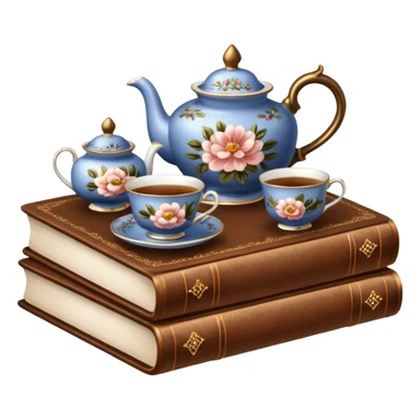 A beautiful vintage tea set stands on a brown book sticker