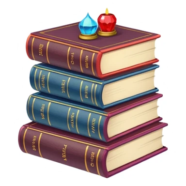 A stack of colorful spellbooks that look like they came out of a fine victorian library sticker