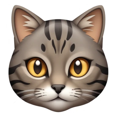 cinematic-cute-grey-and-black-brown-tabby-cat-portrait-emoji,-head-tilted-playfully-and-inquisitively,-sleek-grey-brown-fur-with-bold-black-tabby-stripes-and-a-distinctive-m-shaped-marking-on-the-forehead,-sparkling-amber-eyes,-simplified sticker