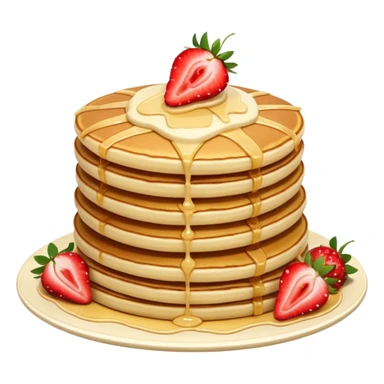 a stack of 3 pancakes with melted white chocolate drizzle on the top pancake and strawberries sticker