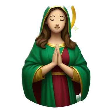 Virgin Mary: kind face looking down at the left, long brown hair, Wearing an emerald green  robe with gold stars and a burgundy red dress,  Hands in prayer or blessing. Halo around her head. standing on a crescent moon.  sticker