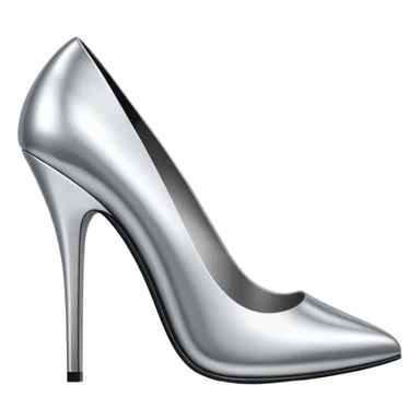 A pair of high heel shoes emoji made of polished silver chrome, elegant sharp silhouette, smooth metallic surface, glossy reflections, luxury sexy vibe, minimalistic iOS emoji style, centered, clean white background sticker