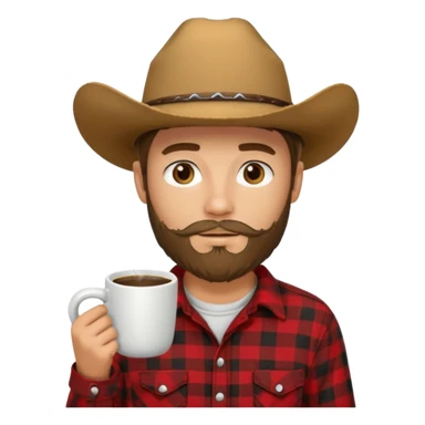 generate an ios genmoji of a 20 year old tan boy with a cowboy hat and french beard. Wearing a flannel and carrying a coffee mug sticker