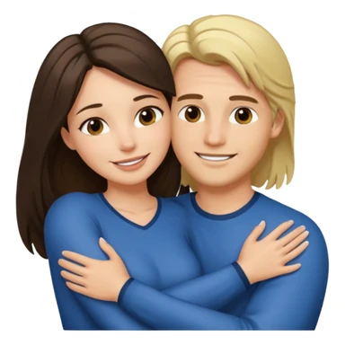 A happy boyfriend and girlfriend hug. She is brunette sexy with long hair. He is blonde short hair sticker