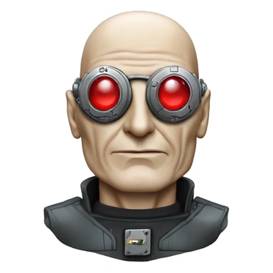 Jean luc picard from Star Trek assimilated by the Borg, with mechanical metal covering one eye with a red glass lens sticker