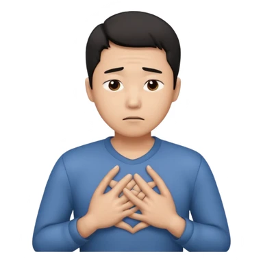first asian man put his hands on his chest where his heart is, to showw howw he feeels. With a sad exxpression  sticker