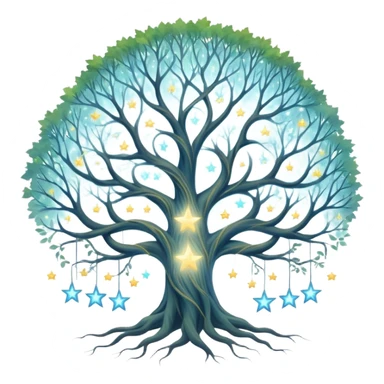 Celestial family tree with star-like portraits connected by flowing gossamer branches, ethereal ancestral connections sticker