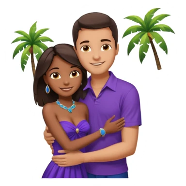 Tan tall brunette European male in blue shirt smiling and hugging a jet black African girl in purple strapless dress and blue jewelry they are on a beach with palm trees sticker