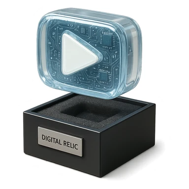 white youtube play button placed in the center of a sleek black acrylic box, like a collectible or museum artifact, foam padding, small engraved nameplate that says “Digital Relic”, soft ambient lighting, real-world texture sticker