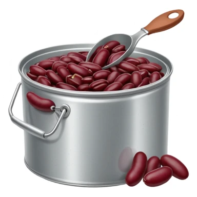 open metal can filled with glossy dark red kidney beans in thick slightly starchy liquid, beans plump smooth gently mounded in plain partially opened tin can, no label or extras, apple emoji style, soft lighting, subtle shadows, transparent background, emoji scale sticker