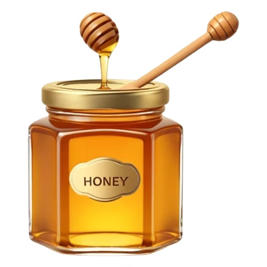 small honey jar, golden amber honey, glossy glass, subtle reflections, dense smooth honey, simple lid, blank label optional, minimal honey dipper, 3D rendered, clean, soft lighting, no faces, transparent background sticker