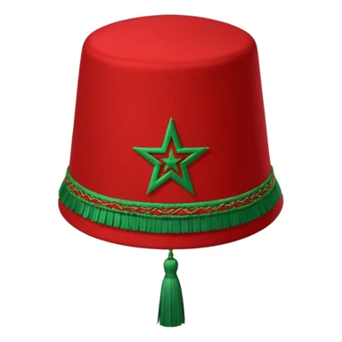 Red Moroccan fez hat with a flat top, straight sides, a green five-pointed star on the front, and a thin black tassel hanging from the right side. sticker