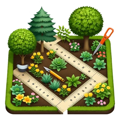 Icon for Landscape Design: a garden layout with plants, trees, paths, and design tools like a ruler, pencil and measuring tape. The icon should represent creativity in outdoor space planning and gardening. Transparent background. sticker
