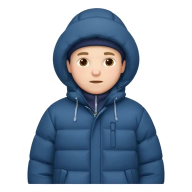 A man sitting on a chair, wearing a puffed coat with hood, hands in his pocket, freezing in the winter sticker
