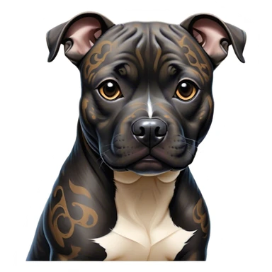 Cinematic Noble Black/Brindle Staffordshire Bull Terrier Portrait Emoji, Poised and regal, with a compact, muscular build and a sleek, well-groomed Fur featuring a striking mix of black and brindle patterns, deep-set soulful dark eyes, Simplified yet sharp and sophisticated features, highly detailed, glowing with a soft, dignified glow, high shine, intelligent and loyal, stylized with an air of strength, focused and attentive, soft glowing outline, capturing the essence of a watchful and confident guardian, so majestic it feels as though it could stride out of the screen with effortless authority! sticker