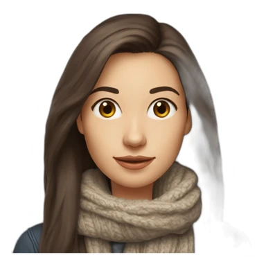 white female data science engineer with dark brown straight long hair in a tech startup wearing woolly scarf and wearing a coffee mug - only headshot sticker