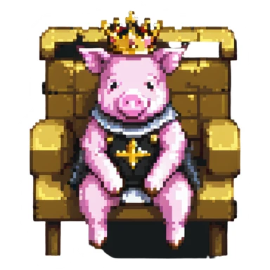 minimal abstract pixel art pig with a golden crown sitting on a throne, blocky and square like Minecraft, very few pixels sticker