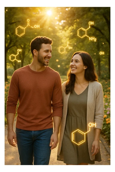 a smiling man and woman walk together along a sunlit park path, surrounded by green trees and blooming flowers. Sunbeams gently illuminate their faces, and subtle, glowing dopamine symbols float around them, symbolizing natural, healthy pleasure. The mood is uplifting and serene. sticker