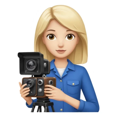 A brunette girl , she’s a proud and successful filmmaker 🍿🌍✨ she’s next to a tall, set camera, / holding awards  sticker