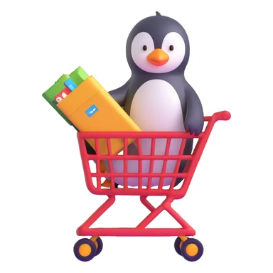 cute baby penguin pushing a shopping cart sticker